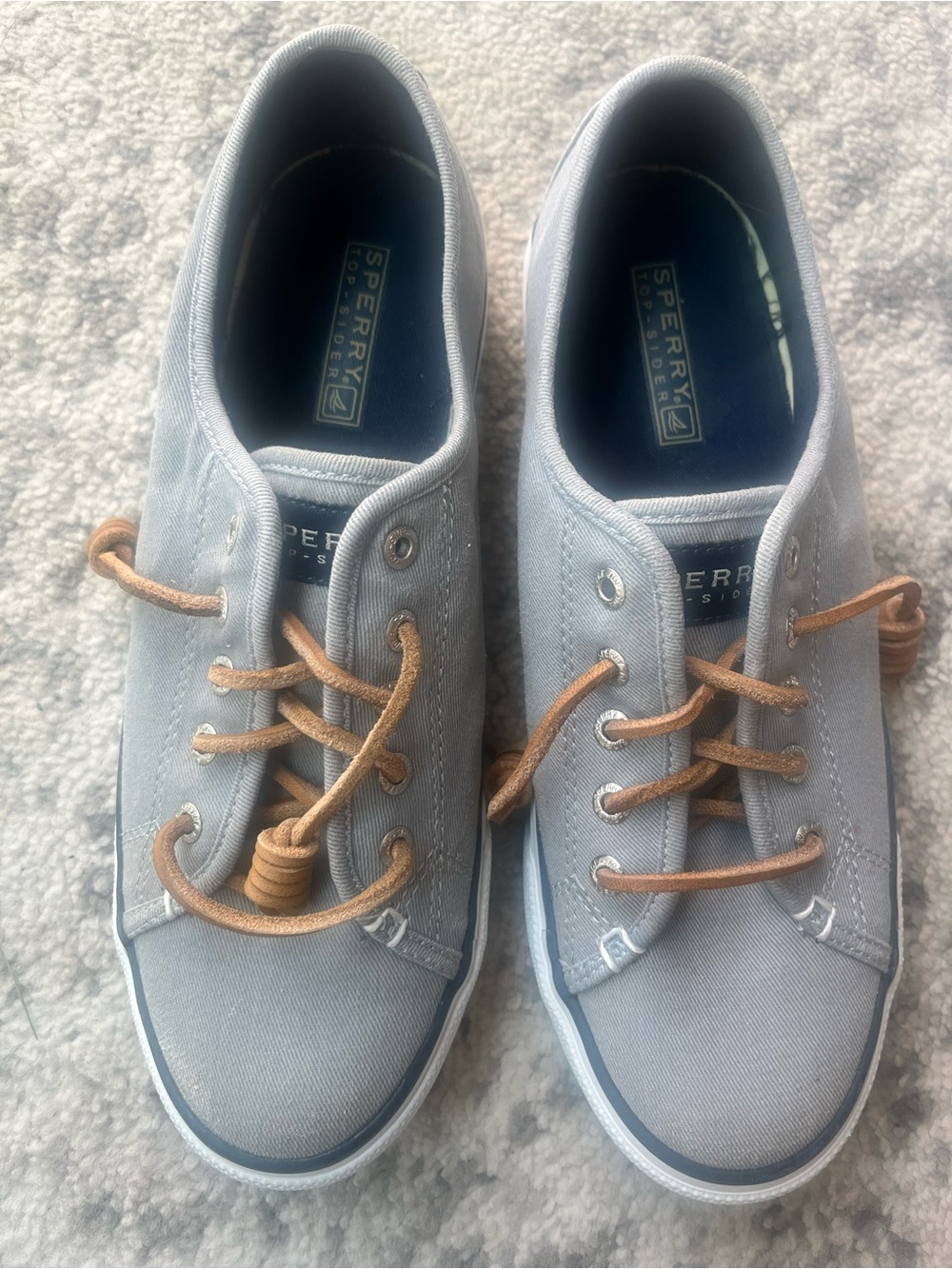 Sperry Women’s Light Gray Canvas Boat Shoes with Tan Laces